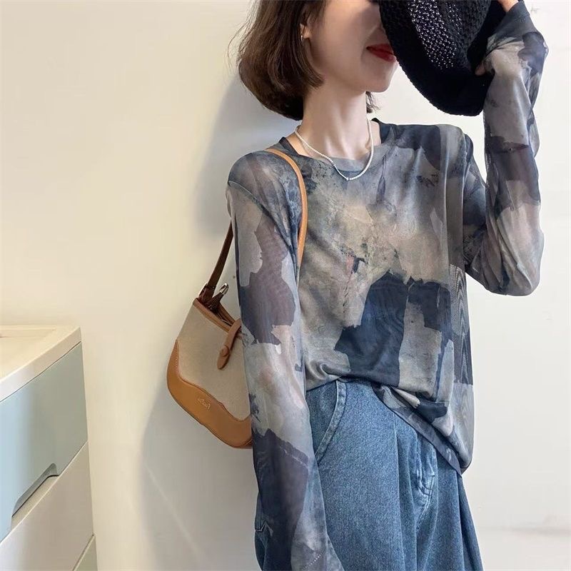 Áo thun nữ dài tay họa tiết in lưới phục cổ phong cách rộng thoải mái — màu xám chi tiết 1