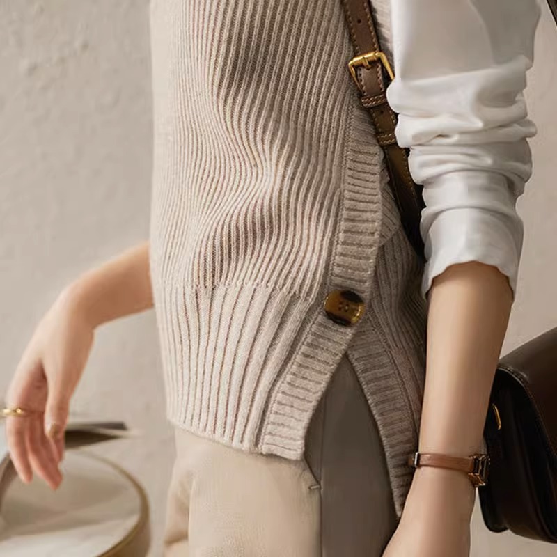 Estilo francés pit suéter Chaleco de las mujeres del otoño y el invierno de la moda apilados sueltos suéter exterior ocasional sin mangas chaleco