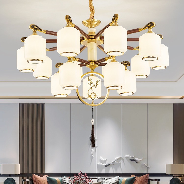 All copper new Chinese chandelier living room lamp 2024 new Chinese style mahogany bedroom study hall jade lamps