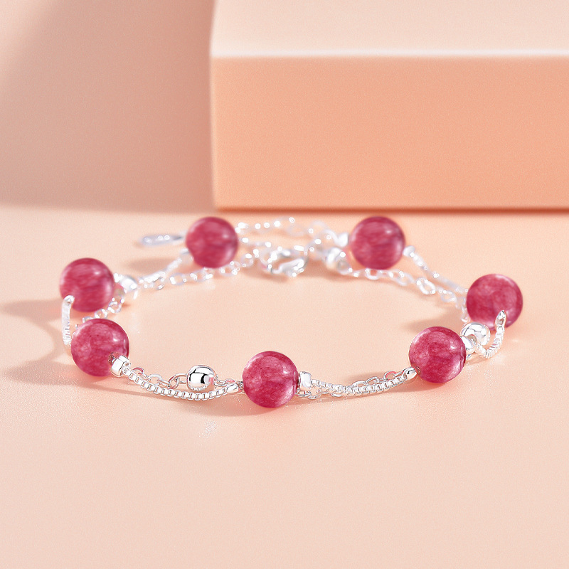 Factory wholesale 925 silver strawberry crystal bracelet female student fashion pink crystal double-layer jewelry foreign trade jewelry Factory wholesale 925 silver strawberry crystal bracelet female student fashion pink crystal double-layer jewelry foreign trade jewelry
