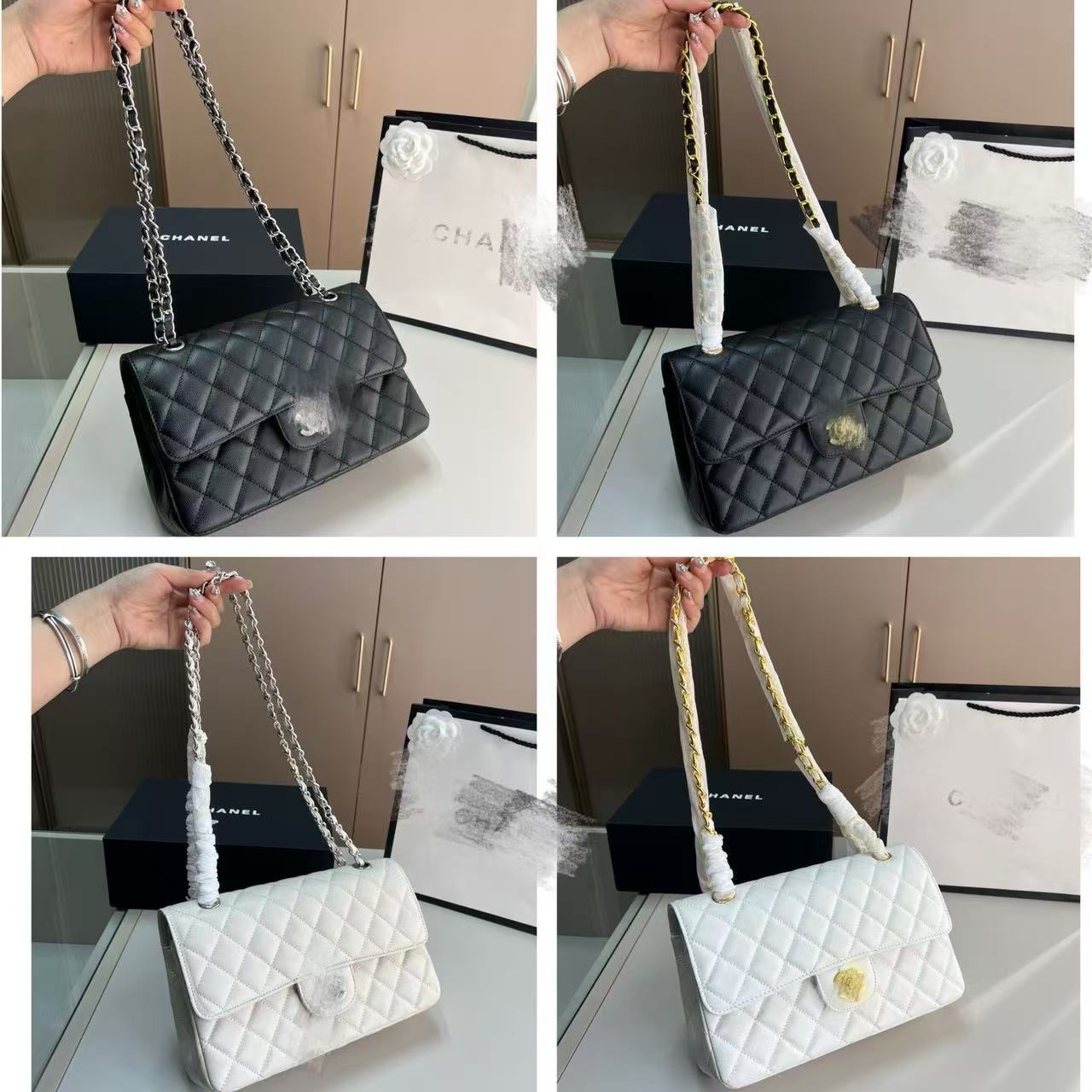 Classic Quilted CF Handle Mini Bag Black & Gold Original Lambskin Women's Genuine Leather Handbag Shoulder Crossbody Square Bag - Thumbnail 4