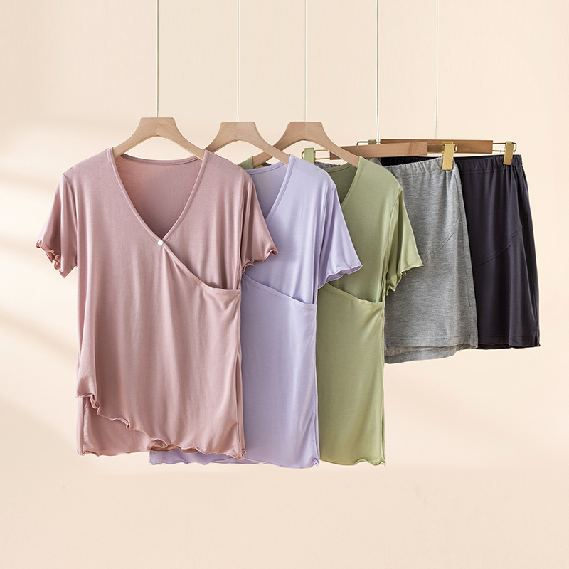 modal confinement clothing for pregnant women postpartum lactation suit summer thin short-sleeved shorts belly-supporting household clothing milk-feeding clothing modal confinement clothing for pregnant women postpartum lactation suit summer thin short-sleeved shorts belly-supporting household clothing milk-feeding clothing