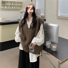 胖MM大码马甲背心学院风女韩版复古慵懒风宽松百搭v领无袖小毛衣
