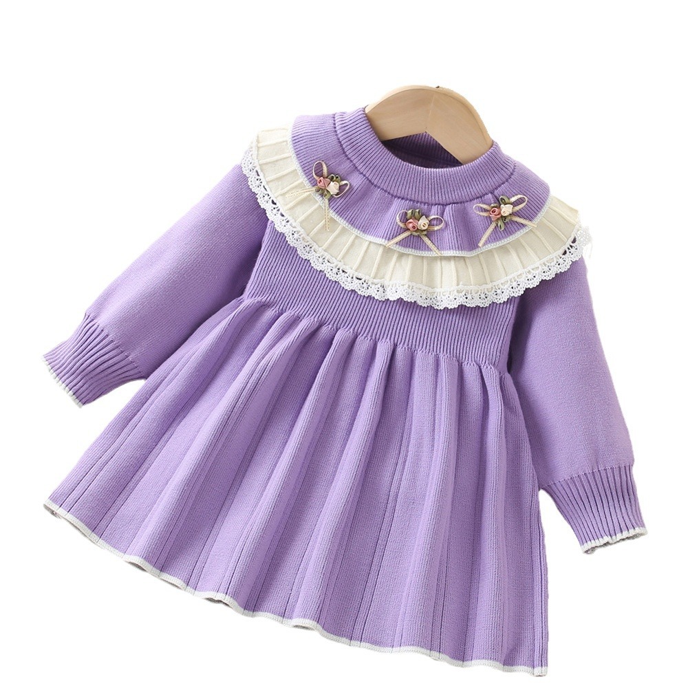 Robe pull pour fille 2024 automne/hiver nouvelle édition coréenne élégante fleur bébé tricoté à manches longues à capuche princesse jupe_voghion.com
