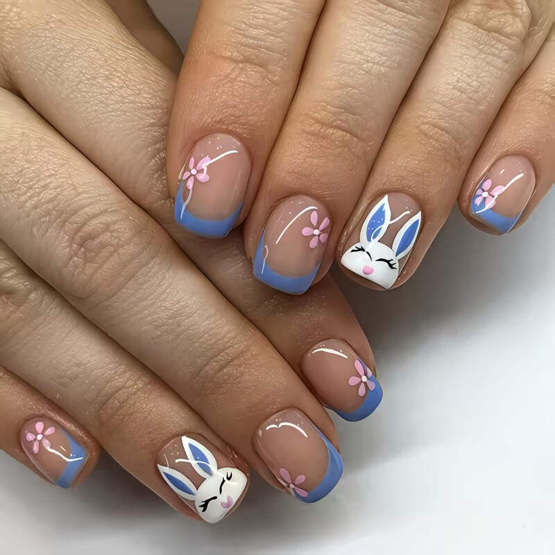 Classic French-Style Blue Manicure Wearable Nails, Simple Rabbit Easter Wearable Nail Pieces, Cross-Border Hot-Selling Fake Nails