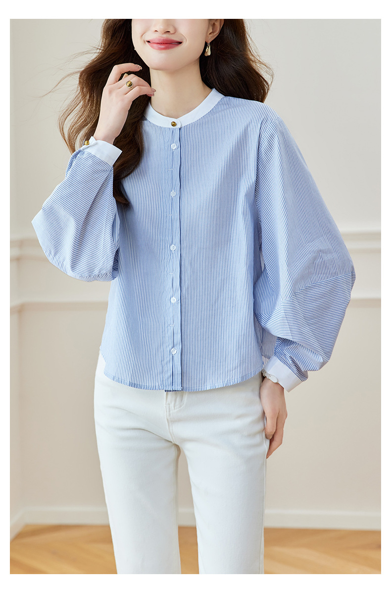 K Blue Striped Shirt, Women's Long Sleeved New Round Neck Top, Fashionable And Versatile, Loose And Slimming Shirt_ecoleips.com