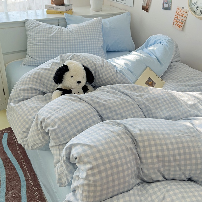 Ins Simple Plaid Washed Cotton Four-Piece Set Student Dormitory Three-Piece Set Bed Sheet Quilt Cover Fully Surrounded Bed Cover 4 Wholesale
