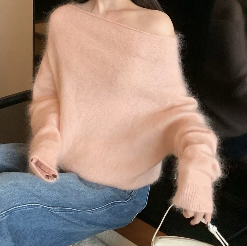 Mohair Knitwear Women's Autumn and Winter Slanted Shoulder Loose Lazy Style High-End One-Shoulder Knitwear Elegant Top