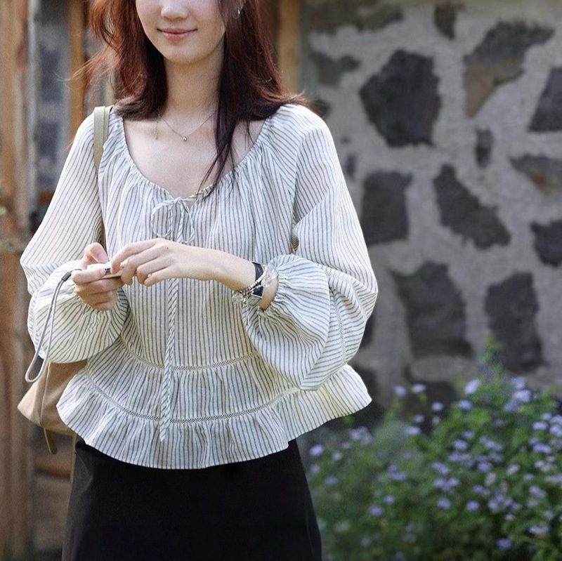 Lalagjow Days of Chasing the Wind French Style Lace Striped Shirt Women's Autumn Loose Slim Baby Doll Shirt