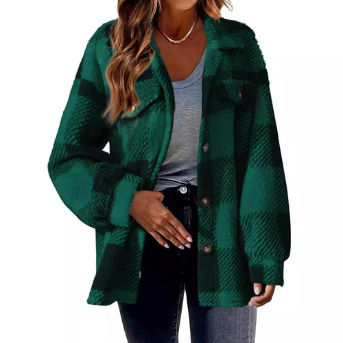 Cross-border Women's 2025 New Amazon Autumn/Winter Pockets Grid Lamb Fleece Jacket Button Plush Outerwear