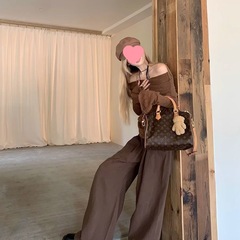 美拉德套装女复古一字肩长袖针织衫秋宽松阔腿裤长裤子爆款两件套