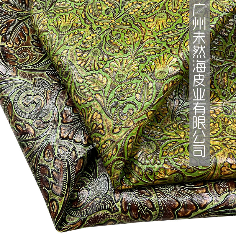 复古凤尾花唐草花国潮绿饰品发夹钥匙扣箱包头层牛皮