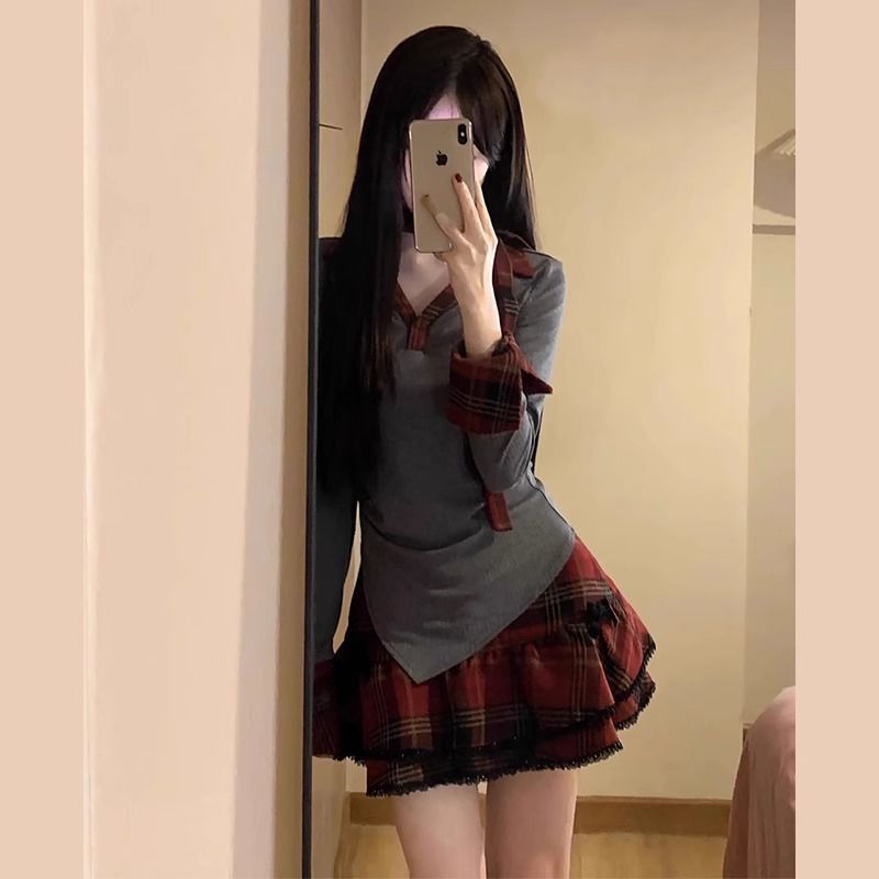 アメリカンスイートガールチェック柄ツーピーススーツ女性初秋カレッジスタイルスプライシング長袖トップとふわふわスカートスーツ|undefined