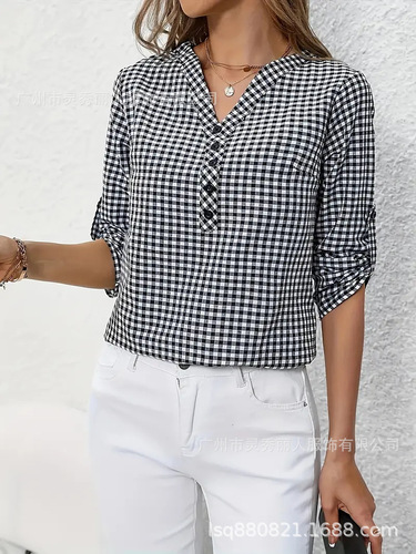 European and American Bestselling Spring and Autumn Women's Retro Elegant Checkered Striped Long-Sleeve Shirt