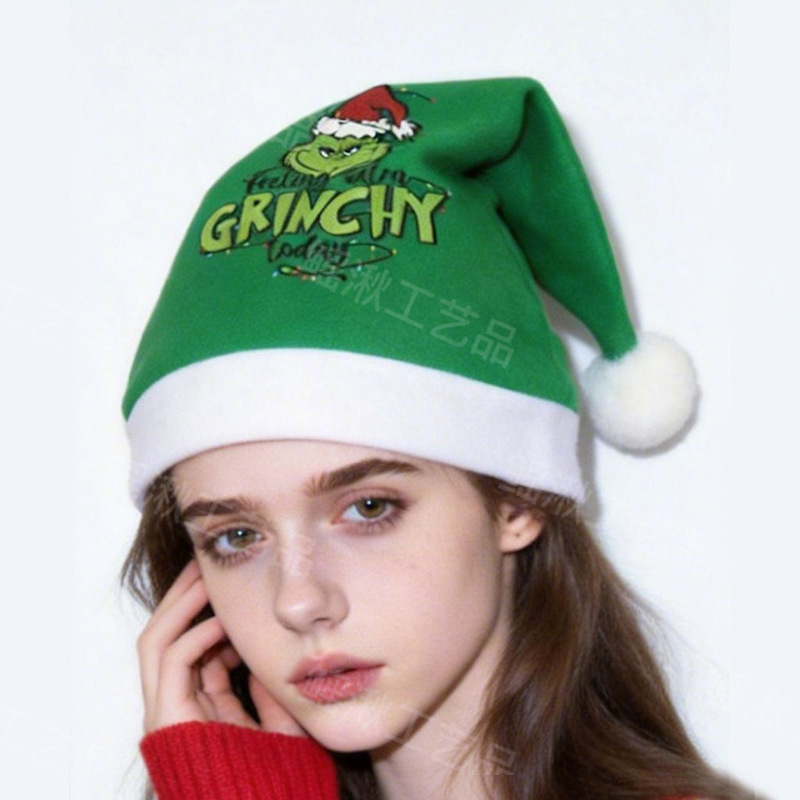 Cross-Border Grinch Plush Printed Christmas Hat Decorations for Adults and Children, Holiday Party Hats, Manufacturer Wholesale Cross-Border Grinch Plush Printed Christmas Hat Decorations for Adults and Children, Holiday Party Hats, Manufacturer Wholesale