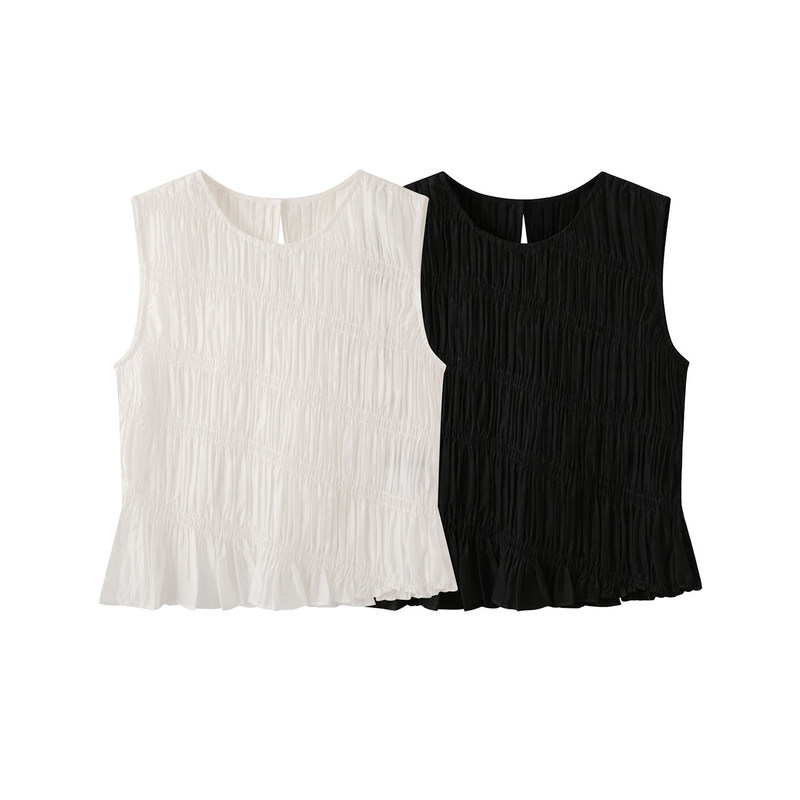 2026 New Summer Women's Fashion Elastic Pleated Irregular Round Neck Sleeveless Shirt for Women A1Fcg2454