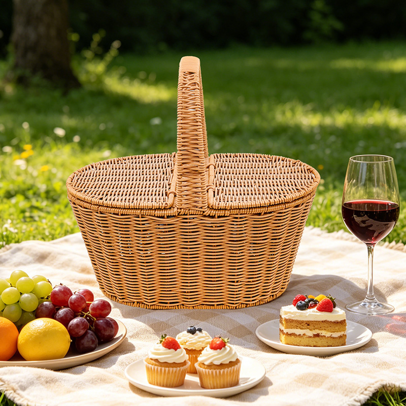 Portable Covered Dustproof Outdoor Rattan Picnic Basket, Hand-Woven Vegetable and Fruit Basket, Cleaning Basket, Portable Storage Portable Covered Dustproof Outdoor Rattan Picnic Basket, Hand-Woven Vegetable and Fruit Basket, Cleaning Basket, Portable Storage