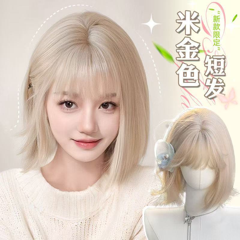 Short Hair Wig, Straight Hair, Bangs, Bob, White Gold Elegant, Curled and Turned Out, Daily Natural Full Wig