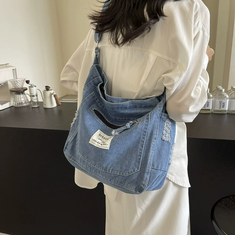 Denim Shoulder Bag for Casual Wear, One-Shoulder Design in Black, Light Blue, Navy Blue