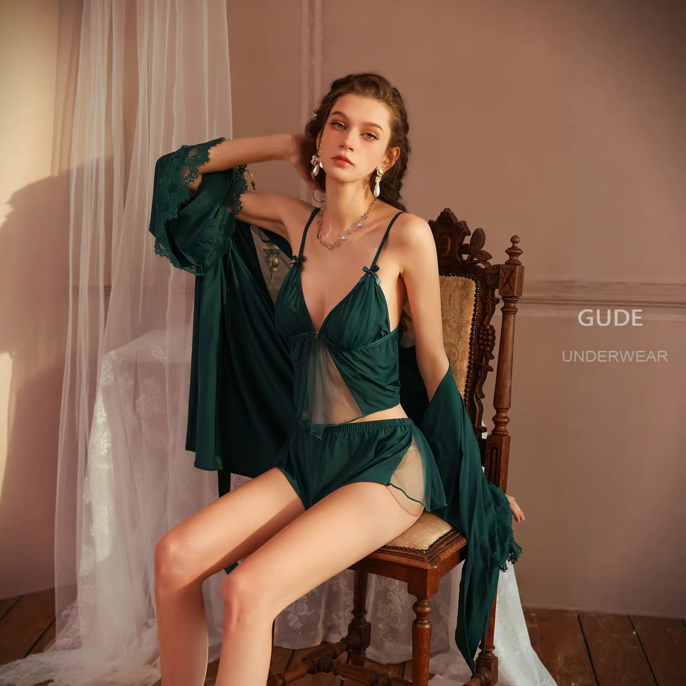 Cross-Border Tk Pure Desire Style Light Luxury Sexy Pajamas Front-Button Bow Bra Loose Triangle Panties Pajama Set