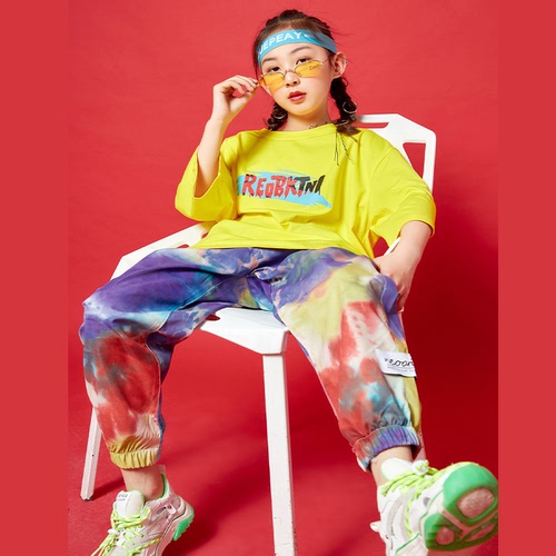 Children's girls boys yellow rainbow rapper hip-hop hiphop street dance outfits trend jazz dance costumes gogo dancers drummer stage performance suit for kids
