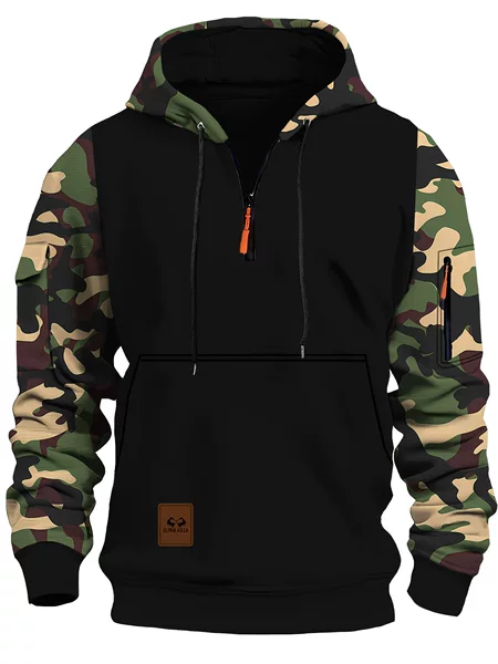Amazon Autumn and Spring New Splicing Hooded Sweatshirt Men's Trendy Camouflage American Retro Sweatshirt Men's Zipper