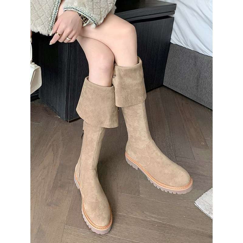 sukii レトロブラウンツーウェアメイラードスエードハイブーツ太ヒールニーハイブーツハイブーツレディース