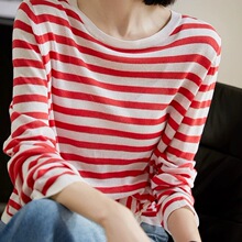 2026新款条纹针织衫女春秋薄款宽松圆领长袖t恤打底上衣洋气内搭