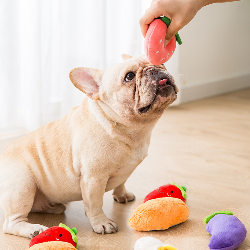 Dibujos animados de frutas y verduras perro peluche sonido juguete oso gato lindo colorido fruta mascota molar suministros image 3