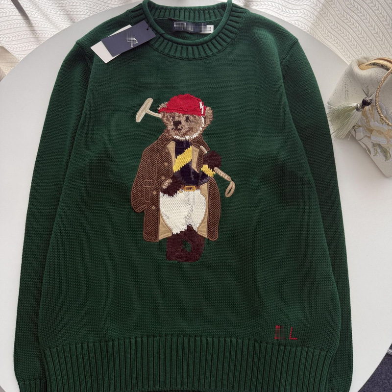 High-quality/RL26 autumn and winter men's bear-themed pure cotton heavy embroidery crochet cartoon turtleneck sweater