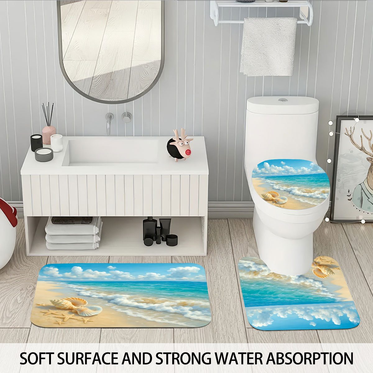 Mei Ke más cortina de baño impermeable serie de paisaje de playa impresión digital poliéster cortina de baño cuatro piezas un conjunto de cabello
