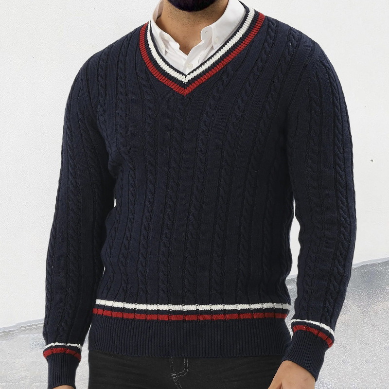 Cross-Border Color-Blocked Knitwear V Neck Long-Sleeved Slim Pullover Knitwear Autumn and Winter New European and American Street Muscle Men's Clothing Cross-Border Color-Blocked Knitwear V Neck Long-Sleeved Slim Pullover Knitwear Autumn and Winter New European and American Street Muscle Men's Clothing