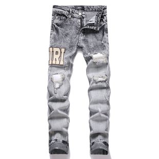 in stock AMIRI Foreign Trade Brand Street Fashion Grey Ripped Cloth Embroidered Slim-Fit Stretch Leg Men's Jeans