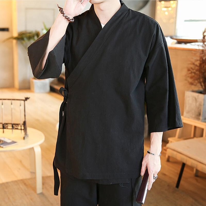 Men's Traditional Chinese-Style Robe, Hanfu for Men, Summer Retro Tang Dynasty Style, Zen Practice, Three-Quarter Sleeve Cardigan Jacket, Trendy Men's Traditional Chinese-Style Robe, Hanfu for Men, Summer Retro Tang Dynasty Style, Zen Practice, Three-Quarter Sleeve Cardigan Jacket, Trendy