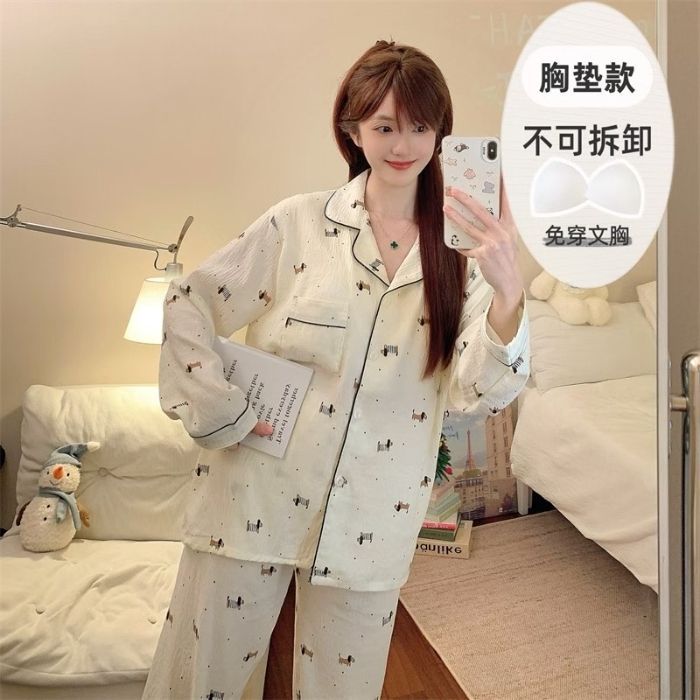 Al por mayor transfronterizo otoño nuevo pijama de nube de algodón con collar cardigan con cojín de pecho manga larga dulce conjunto de ropa de hogar