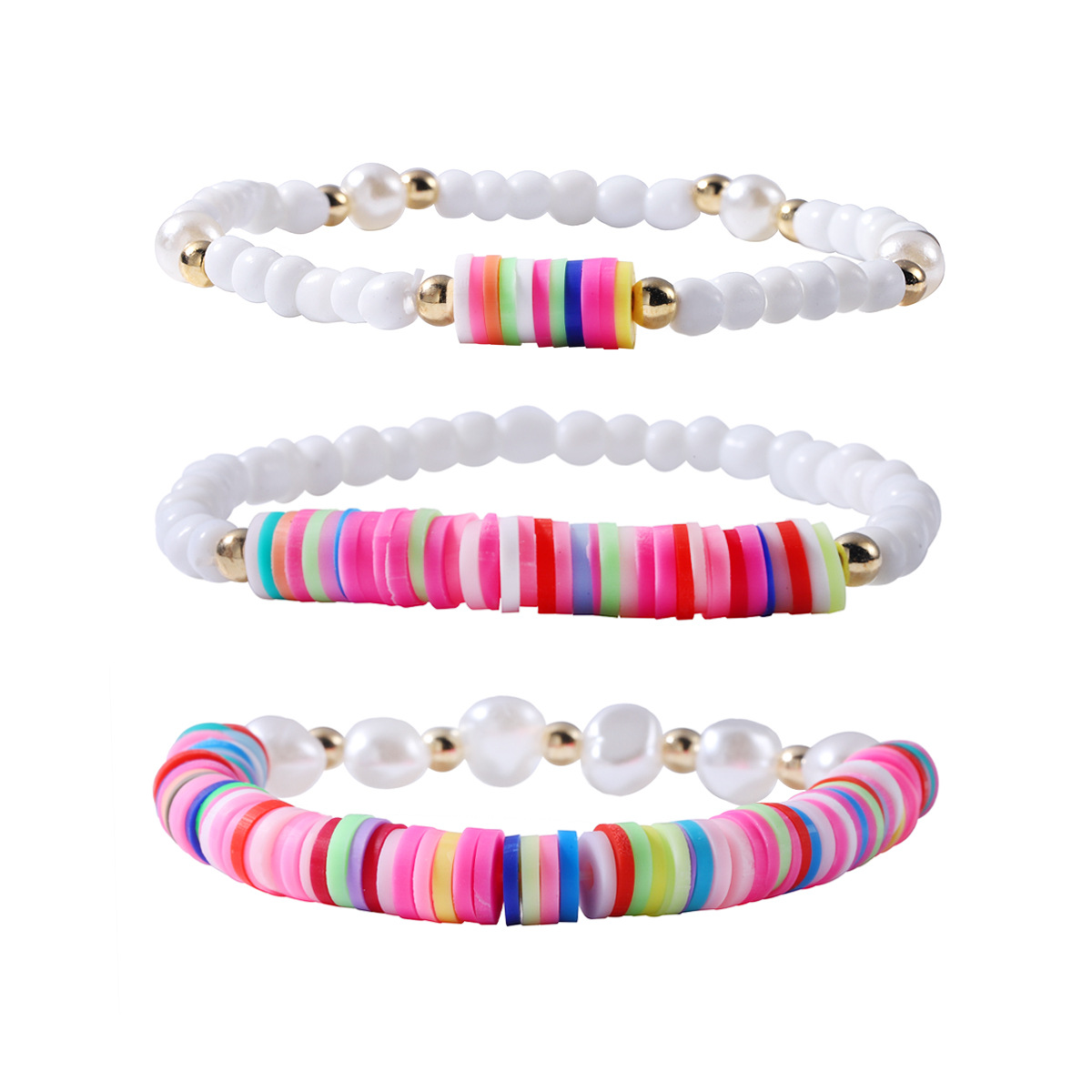 summer gradient color soft ceramic multi-layered pearl elastic beaded bracelet set