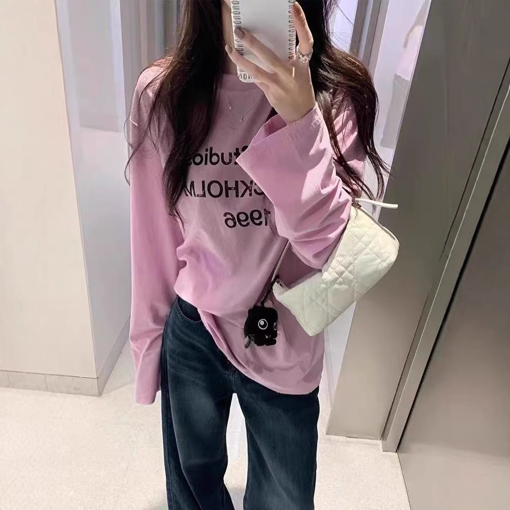 한국 스타일 이른 봄 얇은 편지 긴팔 티셔츠 느슨한 캐주얼 올매치 게으른 여름 선 스크린 블라우스 최고 여성 의류