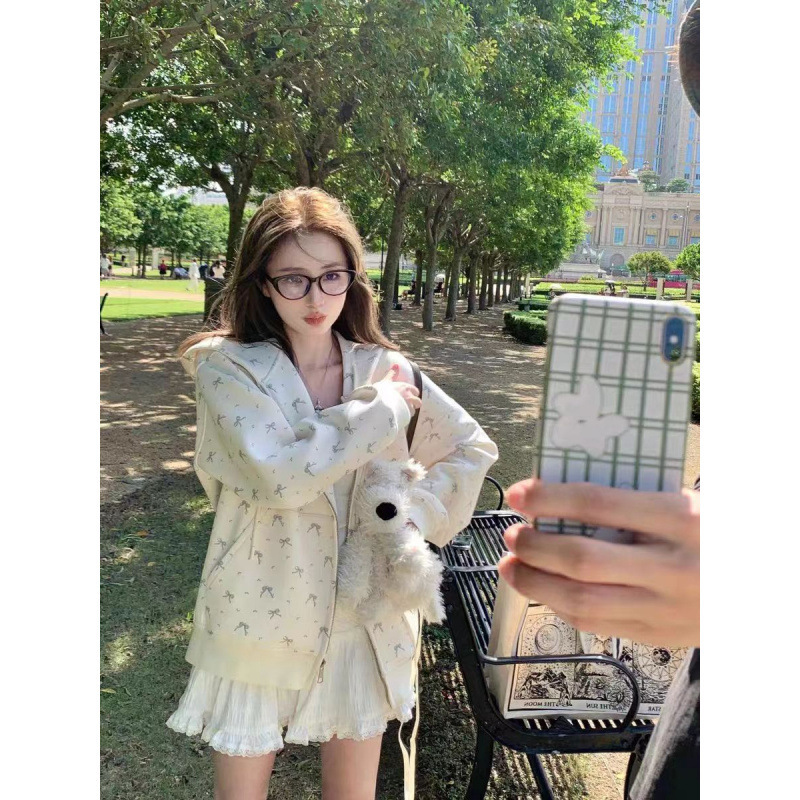 可爱蝴蝶结碎花连帽开衫卫衣女2025秋冬新款奶fufu百搭加绒外套|undefined