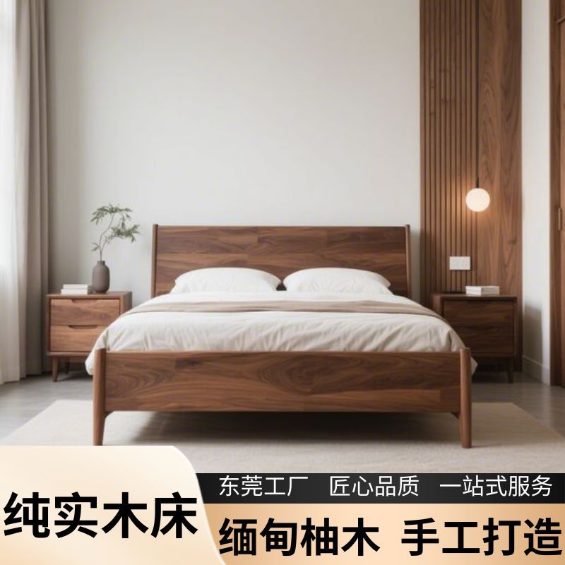 高端缅甸柚木纯实木床手工打造卧室原木床东莞工厂直销坚固双人床