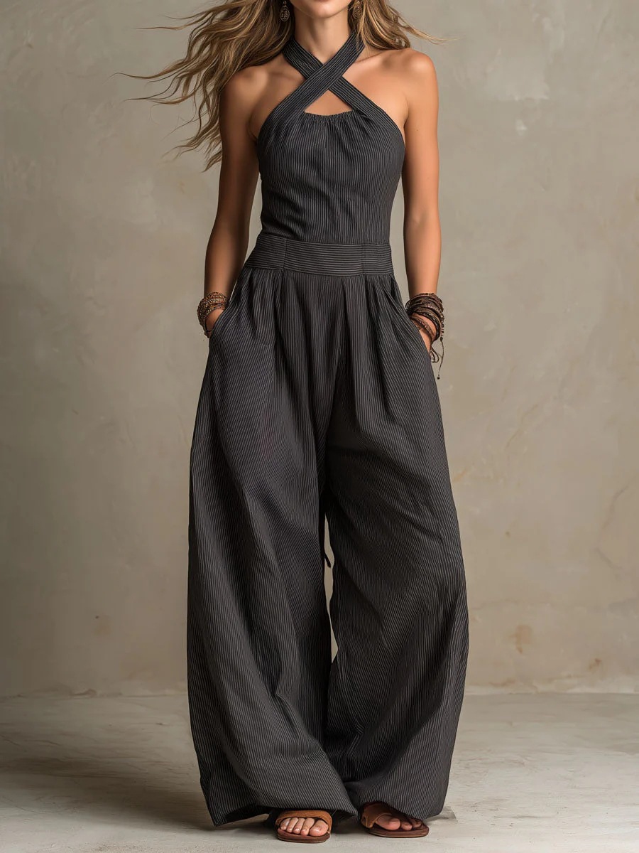 Dark Gray Fine Striped Cross-Halter Jumpsuit with Belt, Pockets, Loose Drape, Wide-Leg Casual Long Jumpsuit