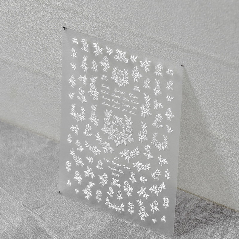 Tomoni nombre conjunto 5D micro-tallado Rosa pequeña flor tridimensional Blanco Rosa pegatinas de uñas en relieve bordado pegatinas de uñas