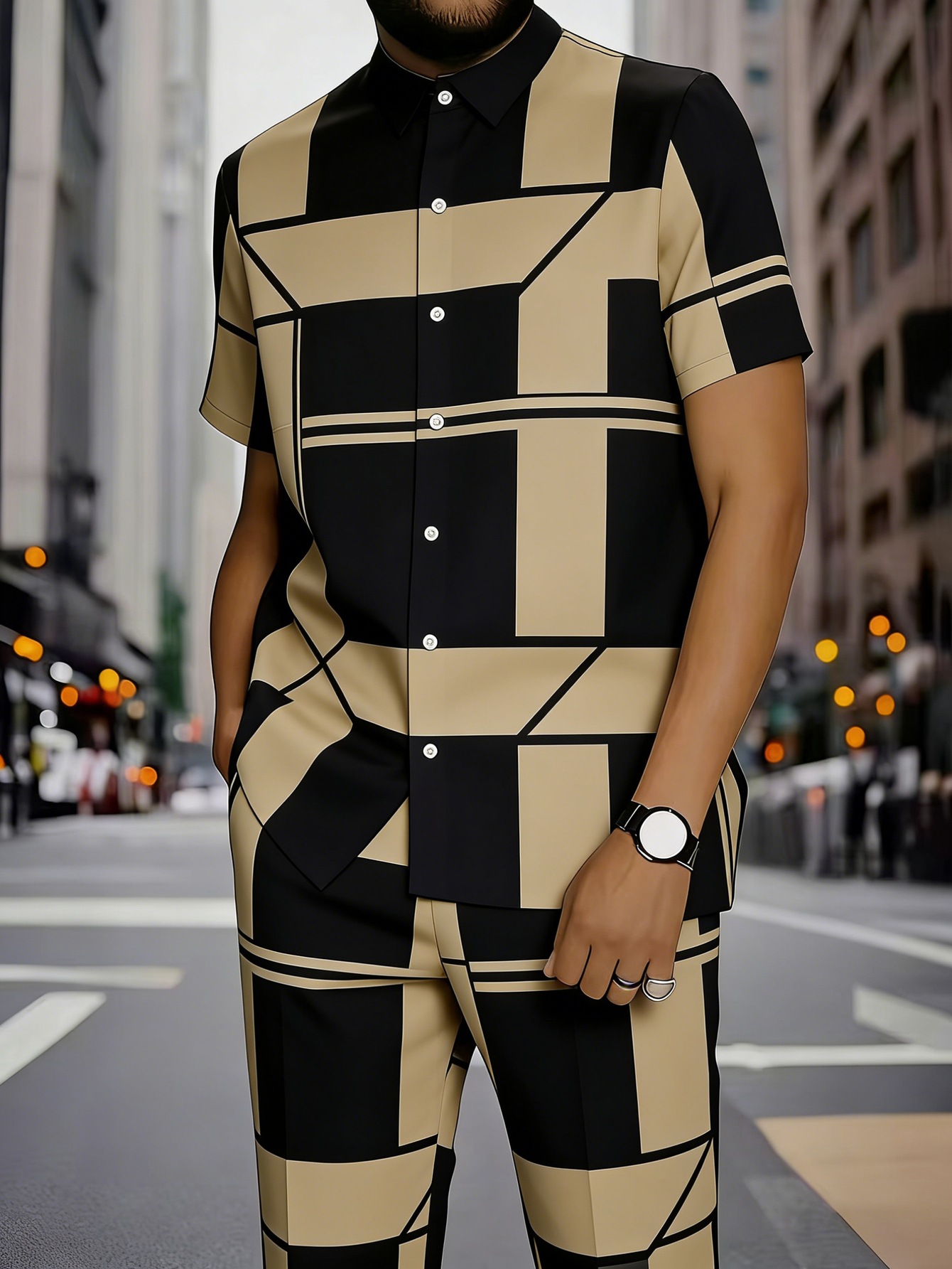 Men's Clothing Men's Commuter Style Short Sleeve Shirt And Shorts Set Collared Geometric Print Spring Summer_viptrois.com