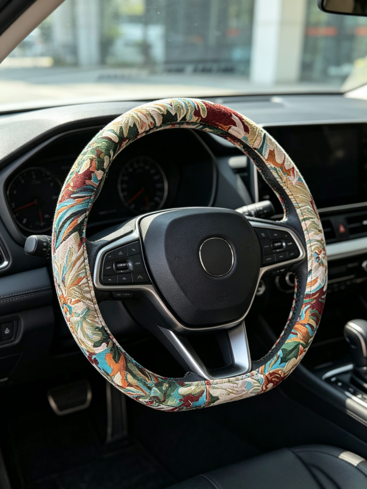 Summer Steering Wheel Cover, Breathable Cotton and Linen, Retro Oil Painting, National Trend, Men's and Women's Style, Universal for All Seasons, Car Handlebar Cover, Protective Cover