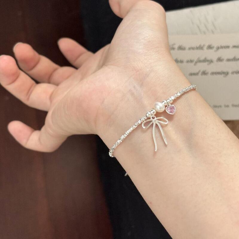 碎银子蝴蝶结手链女粉色爱心珍珠简约百搭手饰品小红书同款甜美|undefined