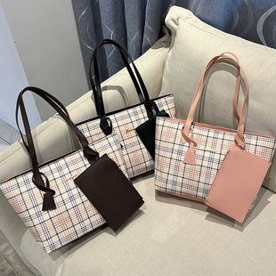 Check printed tote bag two-piece set 2024ladies handbag new shoulder bag women's Korean style shopping bag