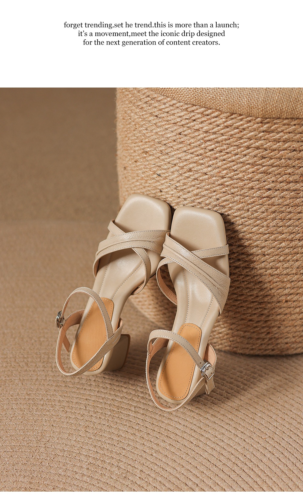 Sandal nữ hở mũi đầu vuông da dê gót thô 5 cm size lớn 40–43 — màu be chi tiết 20