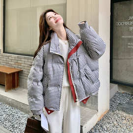 实拍韩系格子立领羽绒服女短款2026冬季新款设计感小个子白鸭绒外