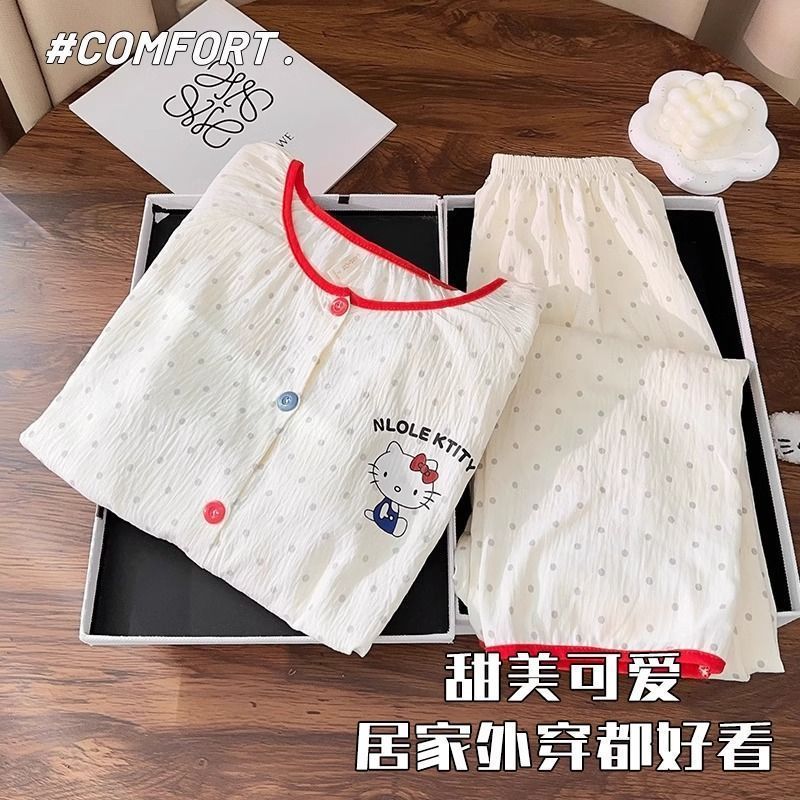 Conjunto de pijama de mujer de manga larga de algodón tejido de nube en nombre de texto cifrado, estilo fino de primavera y verano, ropa de hogar japonesa, ropa exterior linda