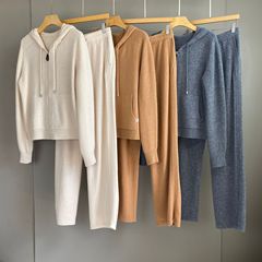 南油篙品25秋冬新款纯色连帽羊绒羊毛针织开衫休闲百搭直筒裤套装