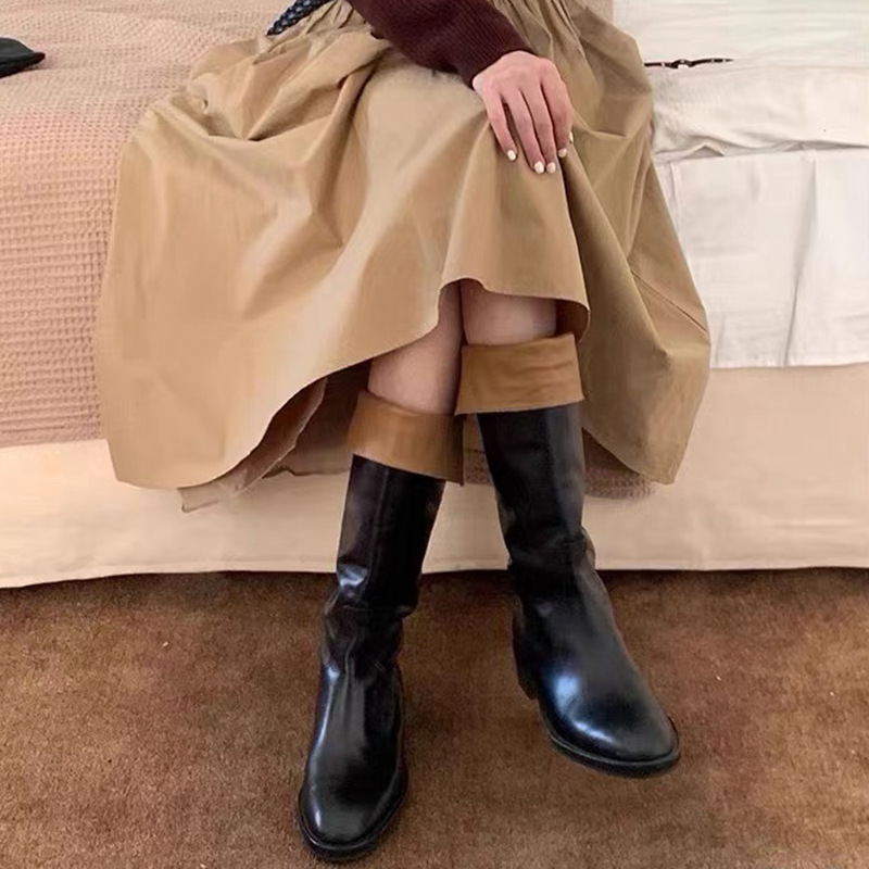 高筒靴女2025秋冬新款韩版真皮长筒靴帅气卷边套筒平底尖头时装靴|undefined